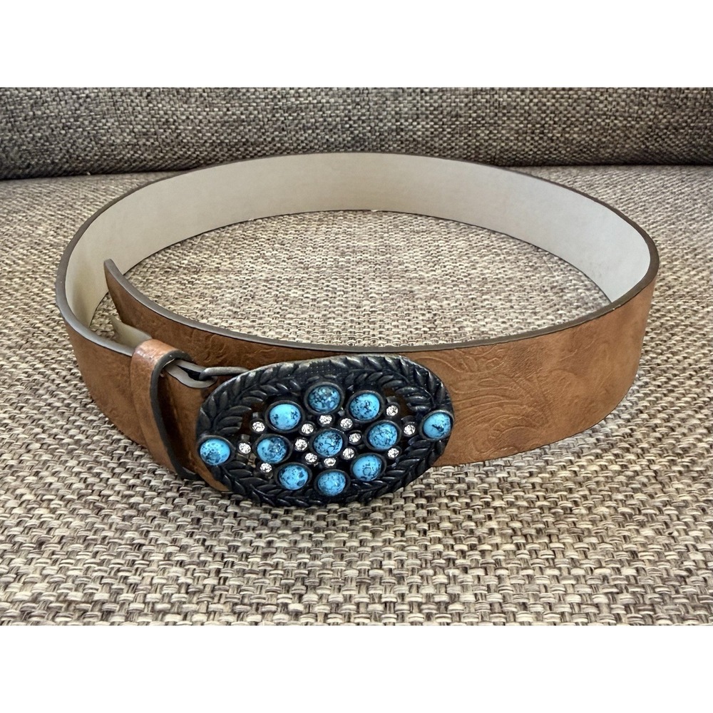 DNA Western Faux Turquoise Buckle and Faux Leather Belt Embossed Cowgirl. 36"